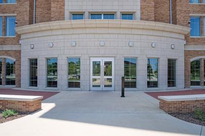 Courtyard view showing integrated brick across building wings